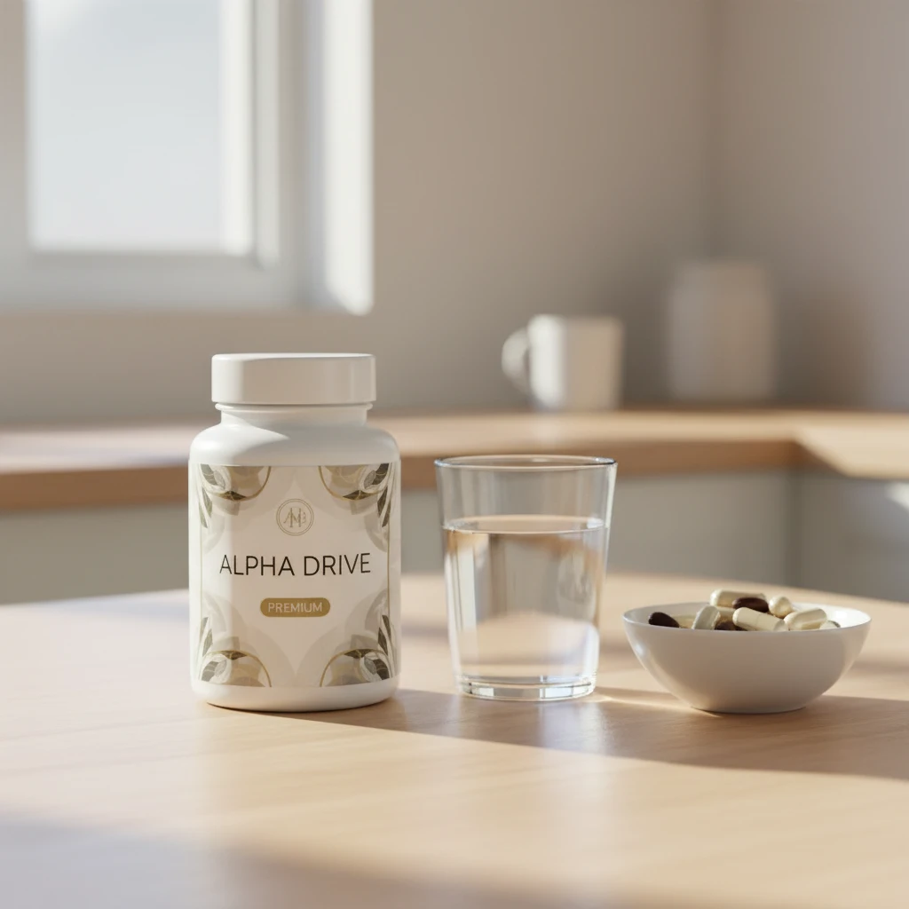 Alpha Drive-burk med kapslar och naturliga ingredienser på träyta
